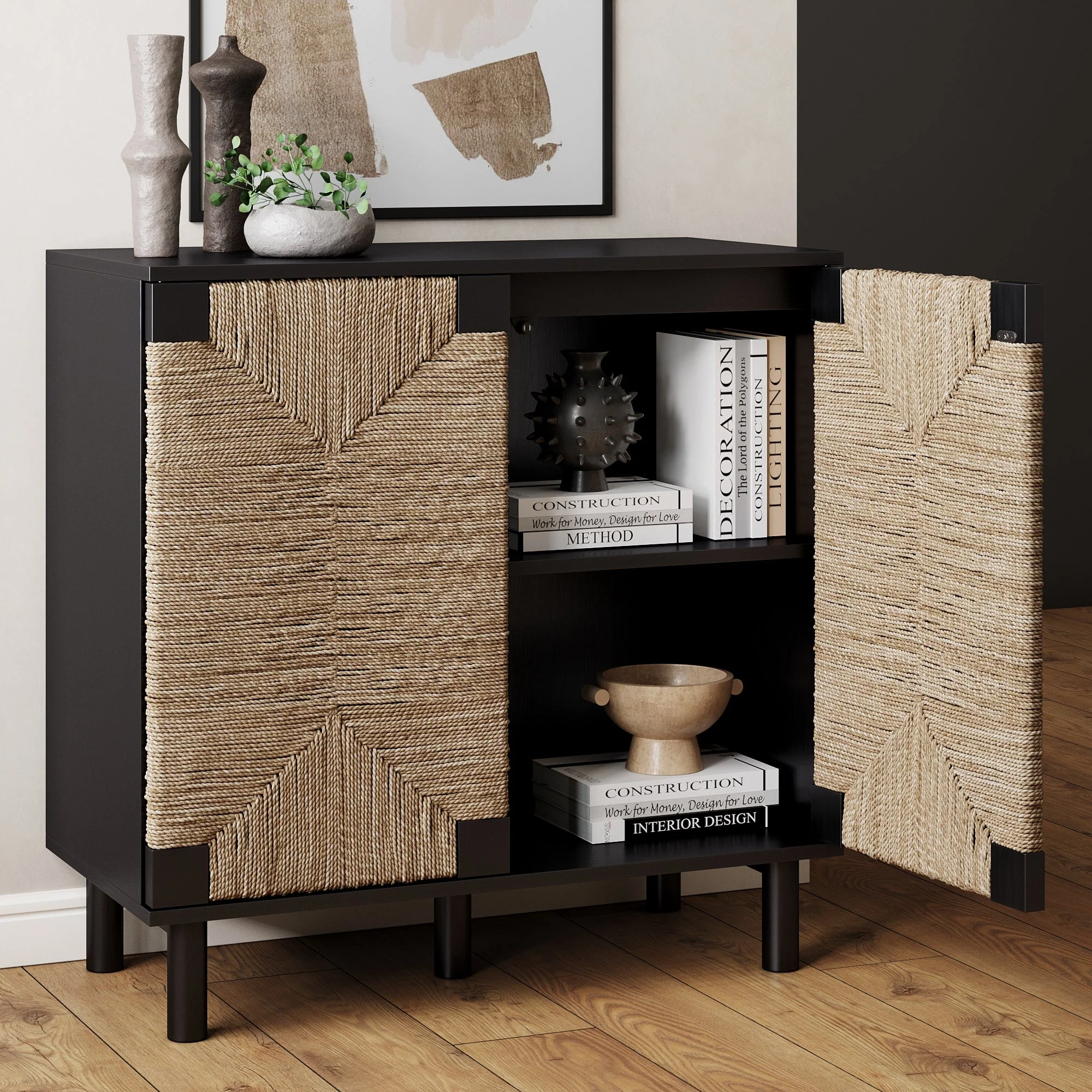 Seagrass Storage Cabinet Credenza Black (Set of 3) - Image 9