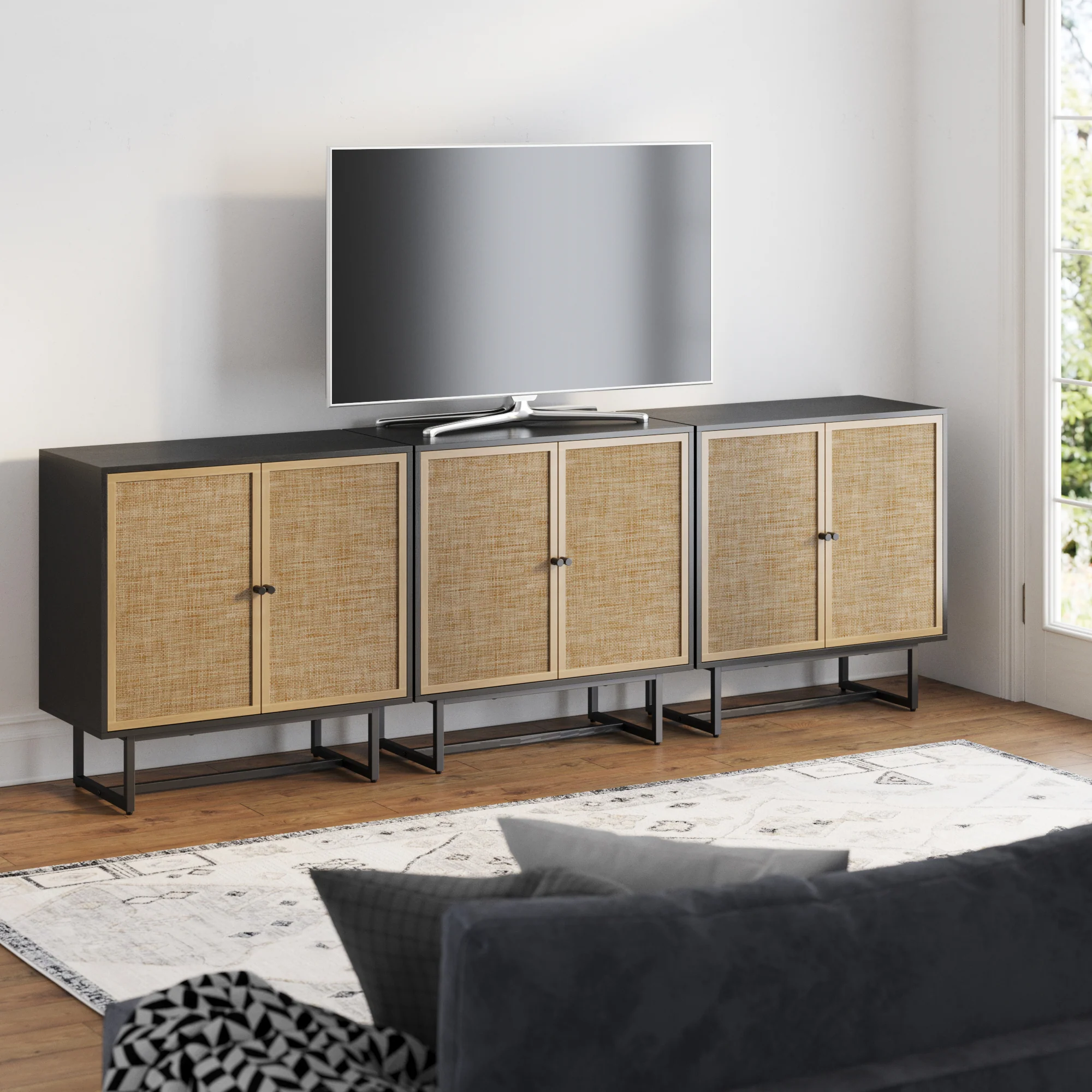 Rattan Storage Cabinet Credenza Black (Set of 3) - Image 2