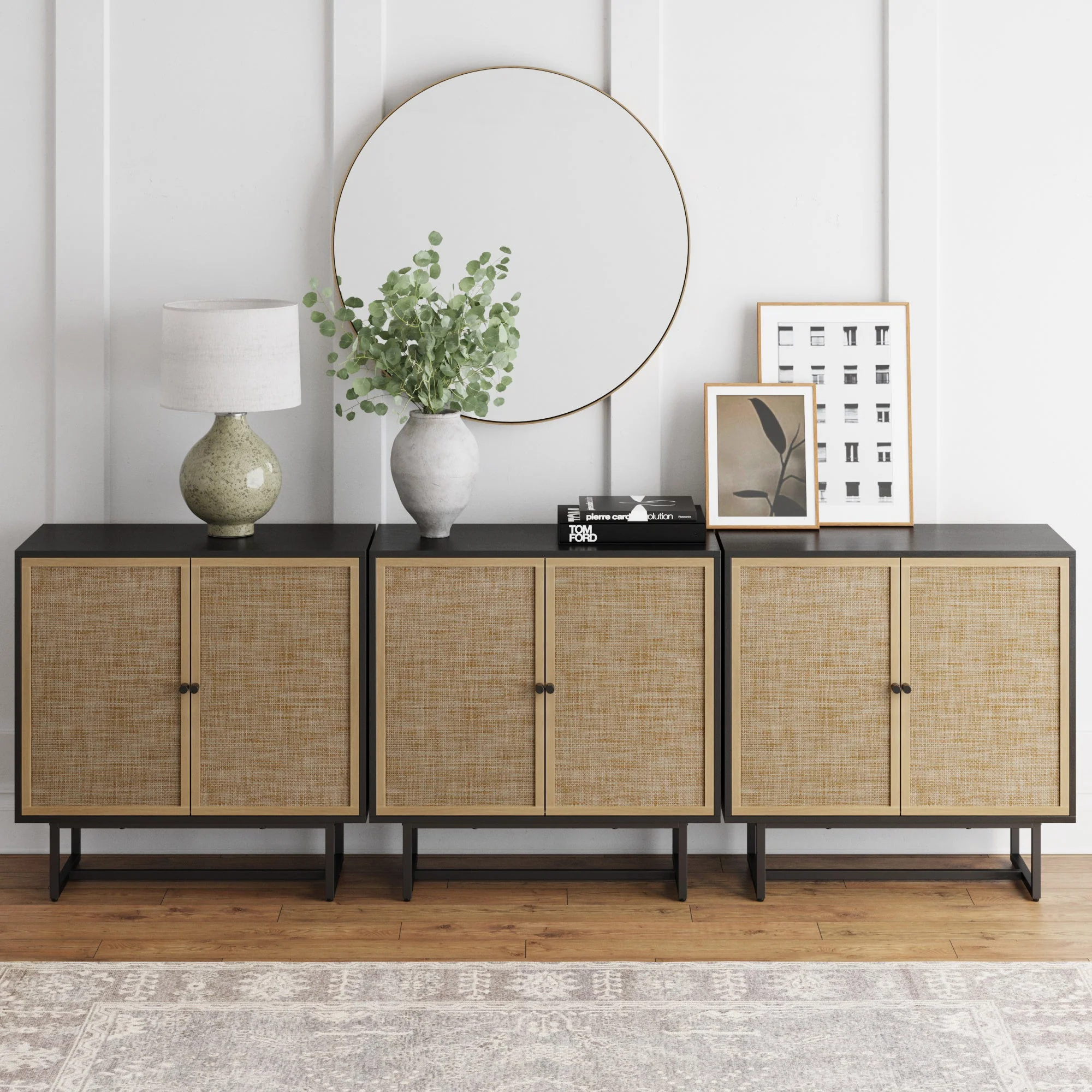 Rattan Storage Cabinet Credenza Black (Set of 3) - Image 3