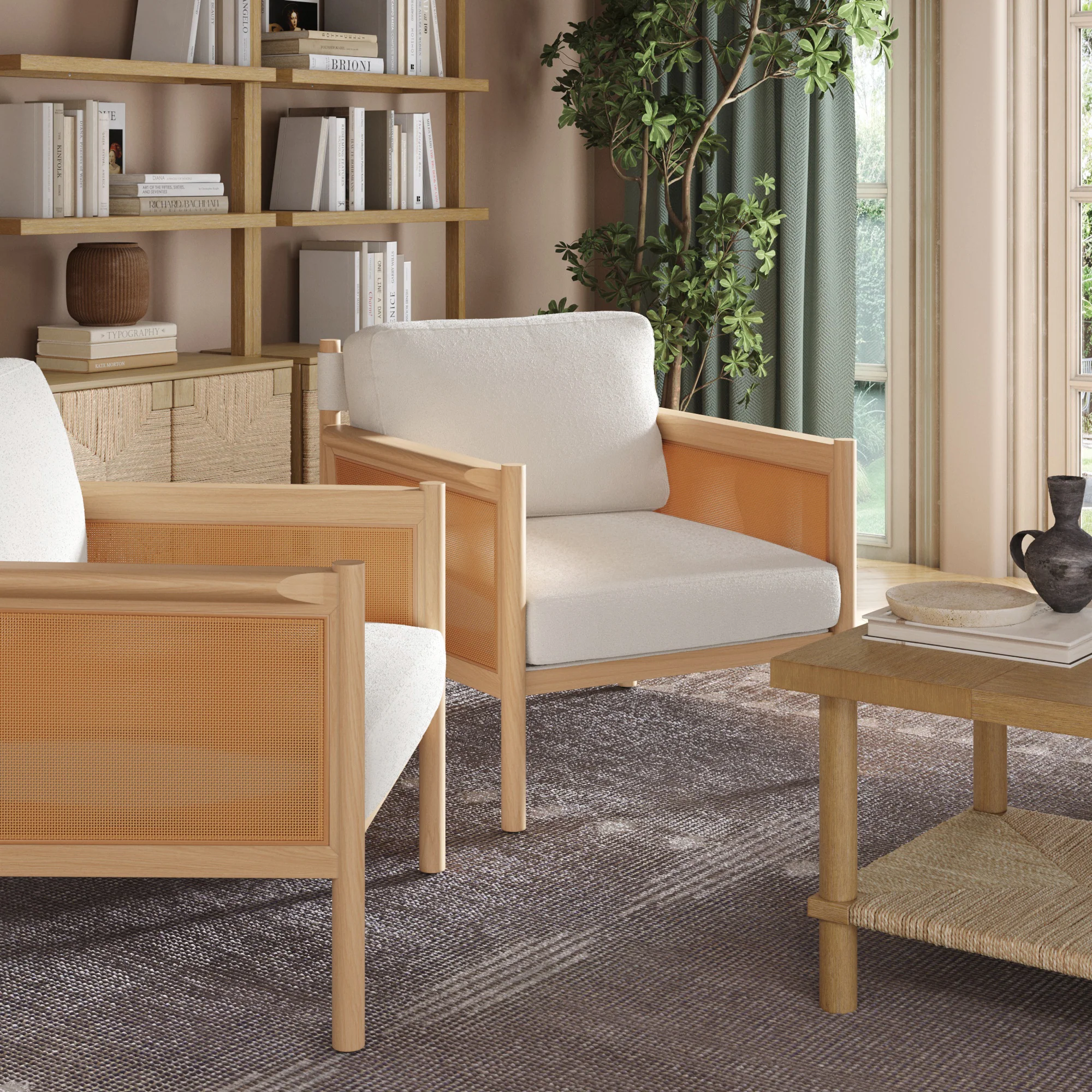 Solid Wood Boucle Accent Chair Rattan Arm Cream/Raw Oak (Set of 2) - Image 2
