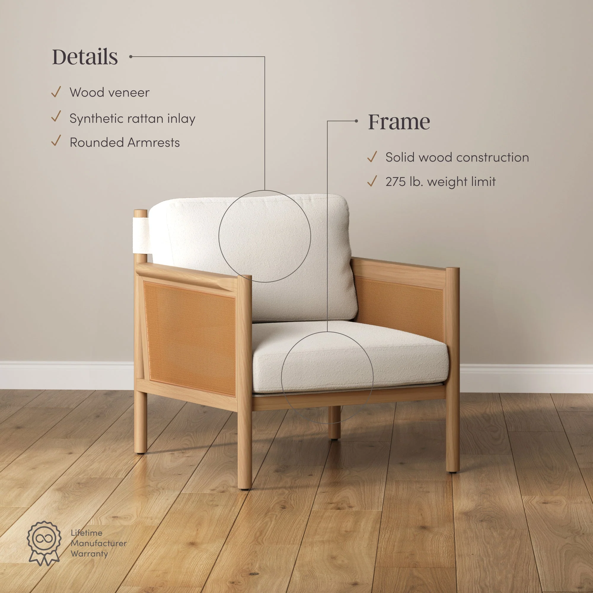 Solid Wood Boucle Accent Chair Rattan Arm Cream/Raw Oak (Set of 2) - Image 3
