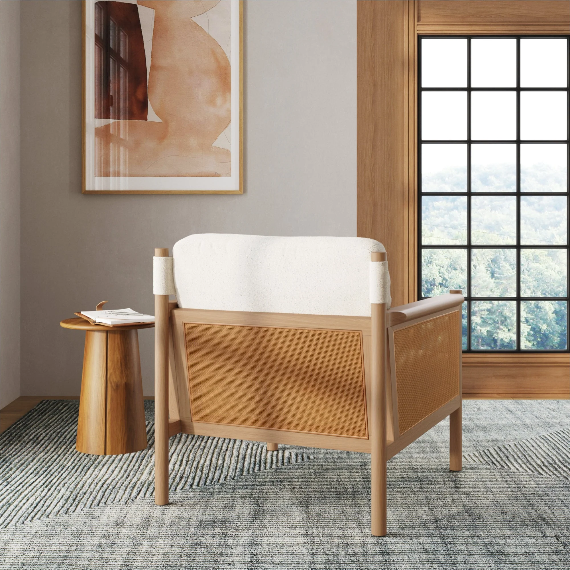 Solid Wood Boucle Accent Chair Rattan Arm Cream/Raw Oak (Set of 2) - Image 5