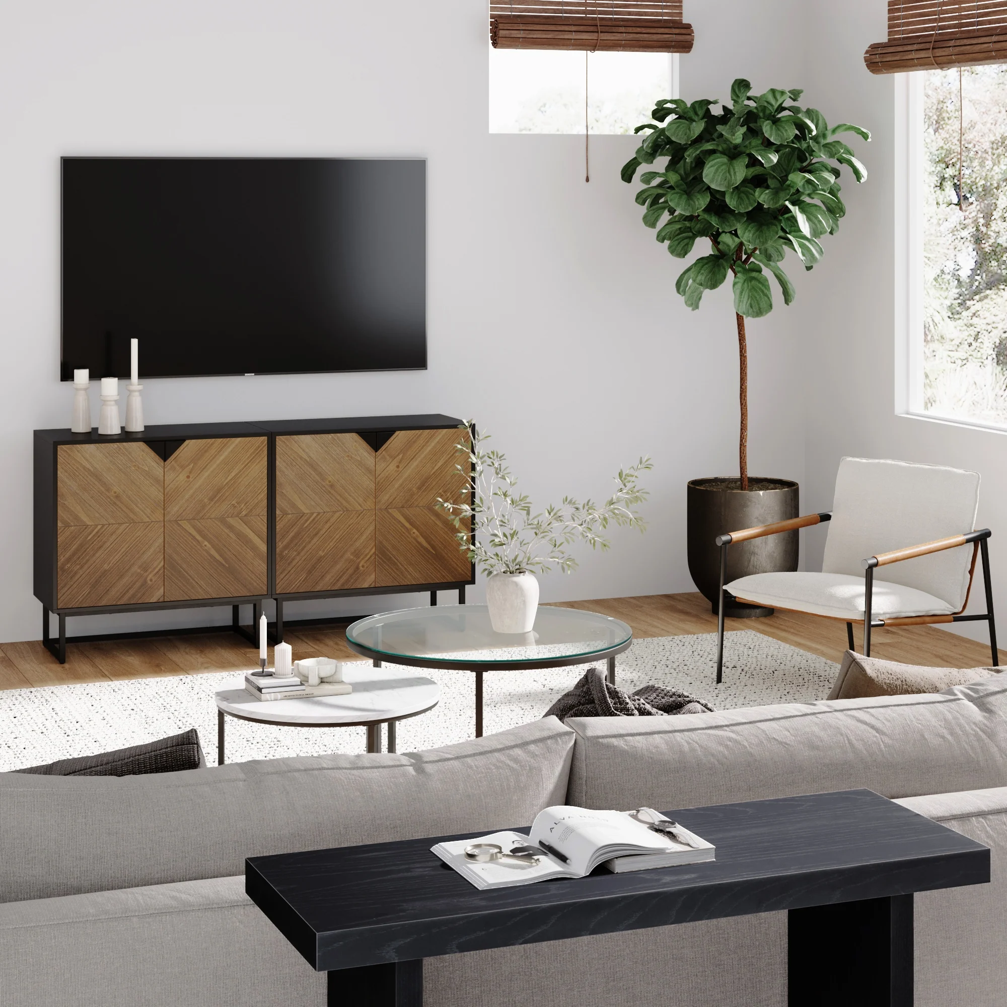 Wood 2-Door TV Console for TVs up to 65" Brushed Fir - Image 2