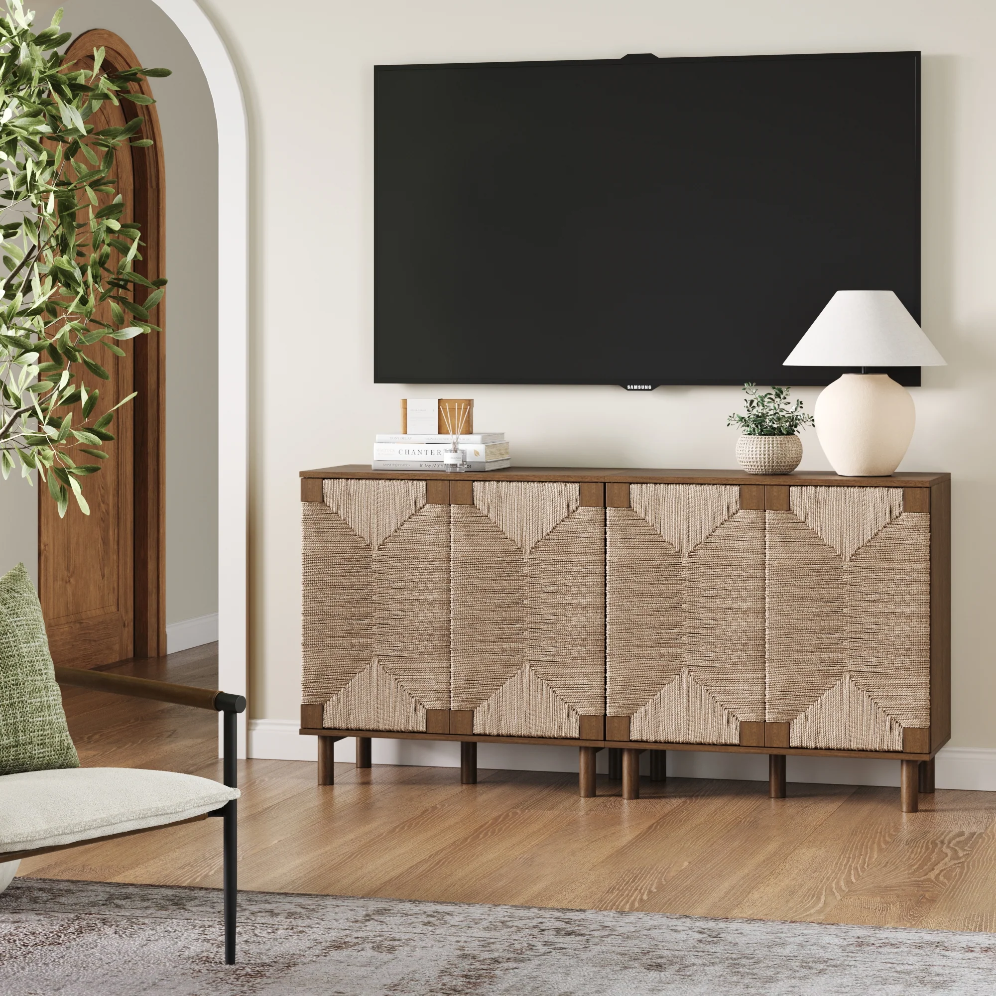 Wood TV Console for TVs up to 65" with Seagrass Doors Dark Brown