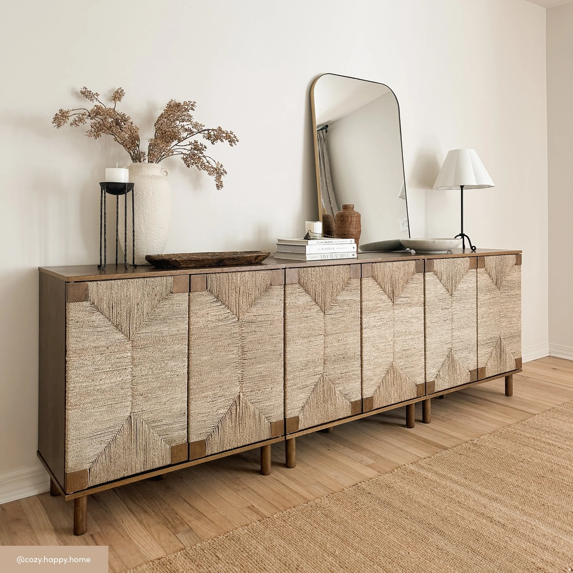 Wood TV Console for TVs up to 65" with Seagrass Doors Dark Brown - Image 8