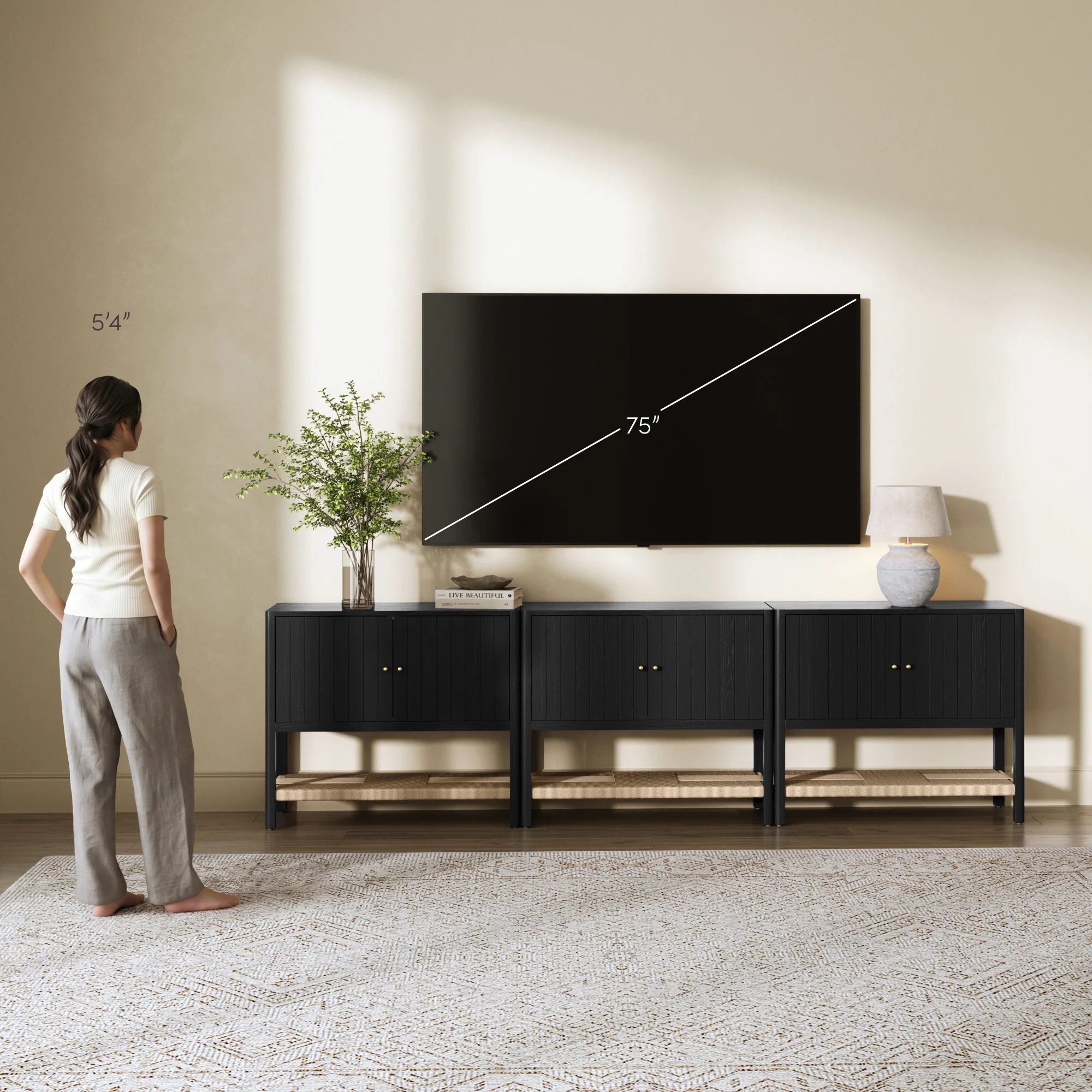 Grooved Door Storage Cabinet Credenza Black Oak (Set of 3) - Image 7