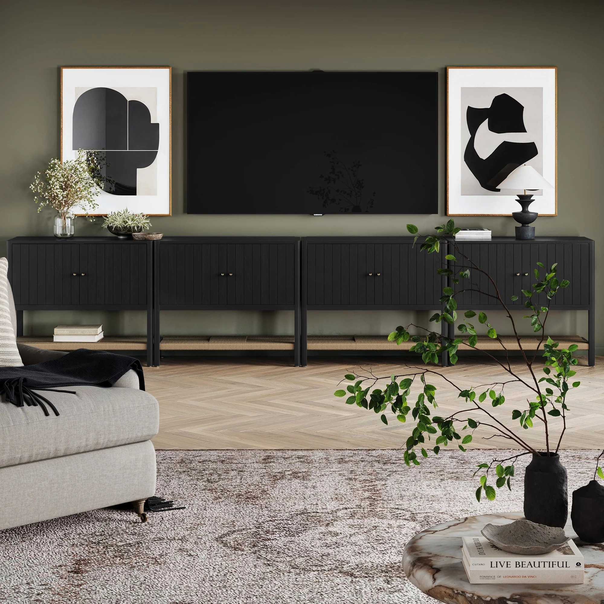 Grooved Door Large Credenza Storage Cabinet Black Oak (Set of 4) - Image 2